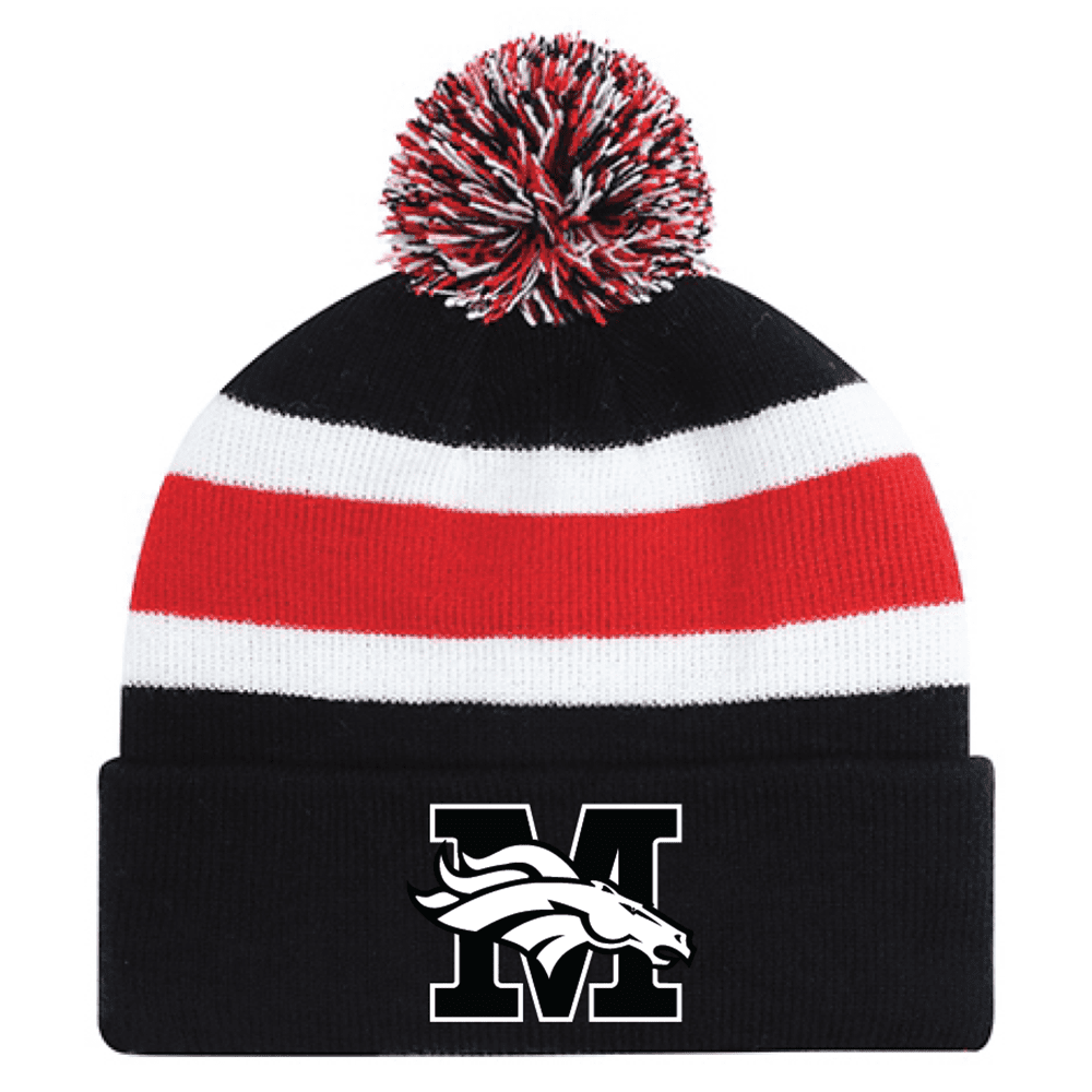 9S243M Acrylic Roll Pom Pom Toque - Black/Red/White